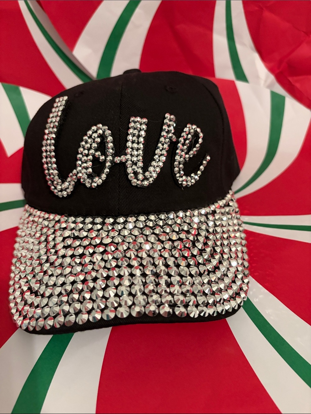 Embellished 'Love' Rhinestone Baseball Cap - Black
